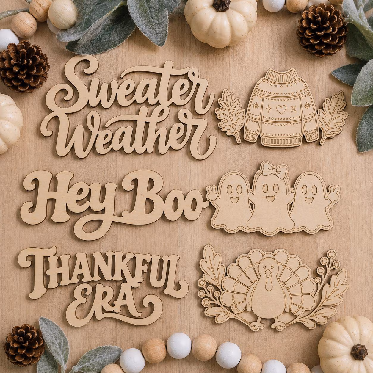 Fall laser cut SVG bundle with sweater weather, Hey Boo, thankful era, ghosts and Thanksgiving designs